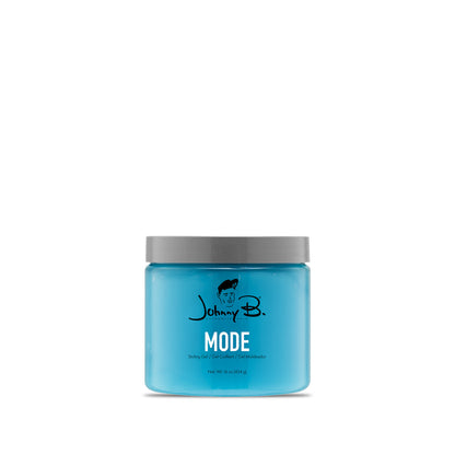 A blue plastic jar of Johnny B. Mode hair product with a gray lid, centered on a plain white background.