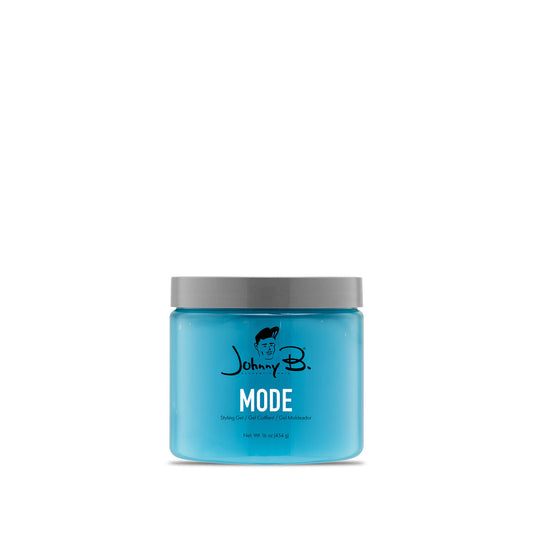 A blue plastic jar of Johnny B. Mode hair product with a gray lid, centered on a plain white background.