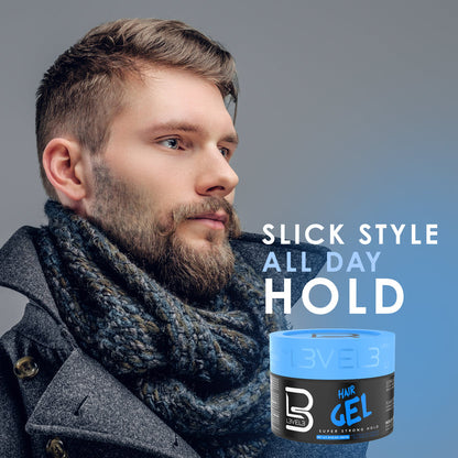 Man wearing a scarf with a product container labeled '3VE3 Hair Gel' on a gradient background