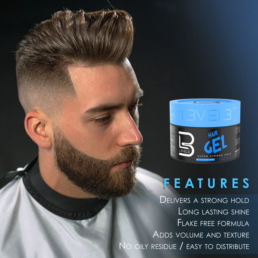 Man with styled hair next to a container of Level 2 hair gel with features listed.