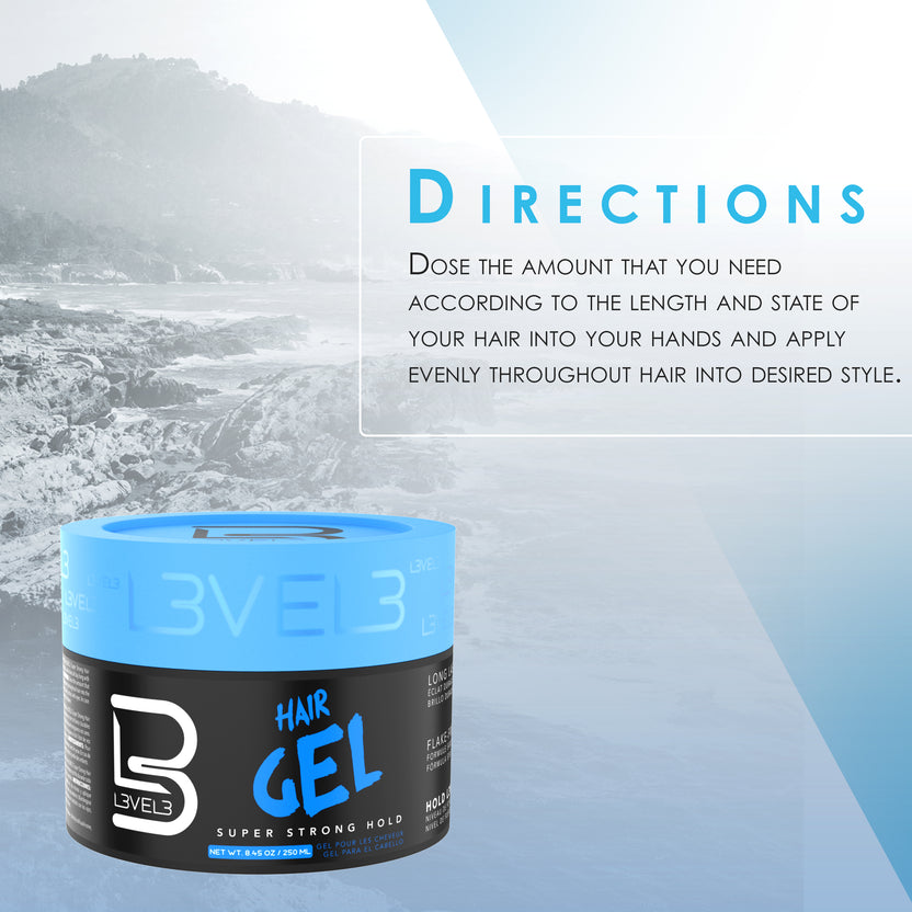 Hair gel container with application instructions on a blurred mountain background