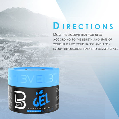 Hair gel container with application instructions on a blurred mountain background