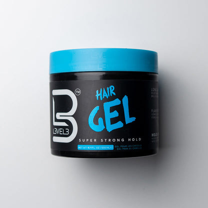 Black hair gel container with blue lid on a white background