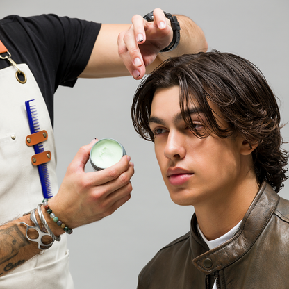 Person applying hair product to another person's hair with a gray background