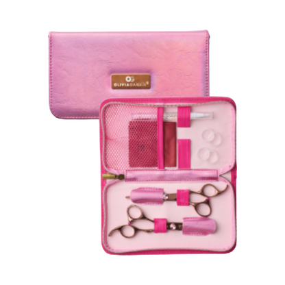Pink scissor and thinner kit in a zippered case, shown open with scissors, thinner, and accessories inside, plus the closed case shown behind it on a white background.