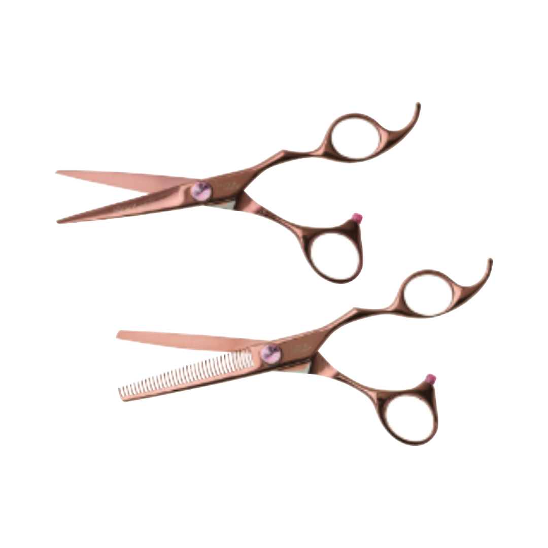 Two pink hairdressing scissors with pink accents, one shown as straight scissors and the other as thinning trim scissors, on a plain white background.