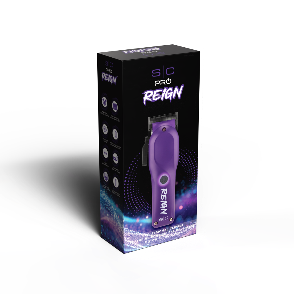 Purple hair clipper with 'REIGN' branding on a black box against a white background