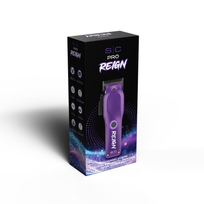 Purple hair clipper with 'REIGN' branding on a black box against a white background