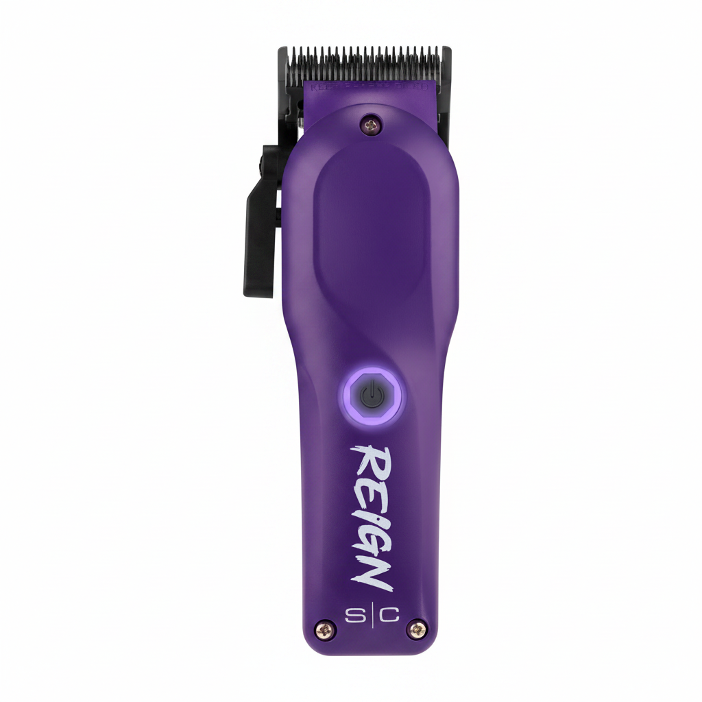 Purple hair clipper with 'REIGN' branding on a white background