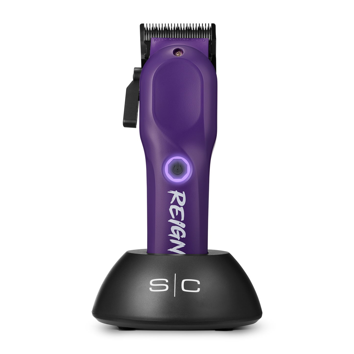 Purple hair clipper with black base on a white background
