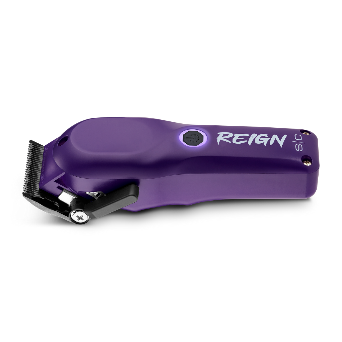 Purple hair clipper with 'REIGN' branding on a white background
