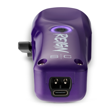 Purple device with 'Reign' branding on a white background
