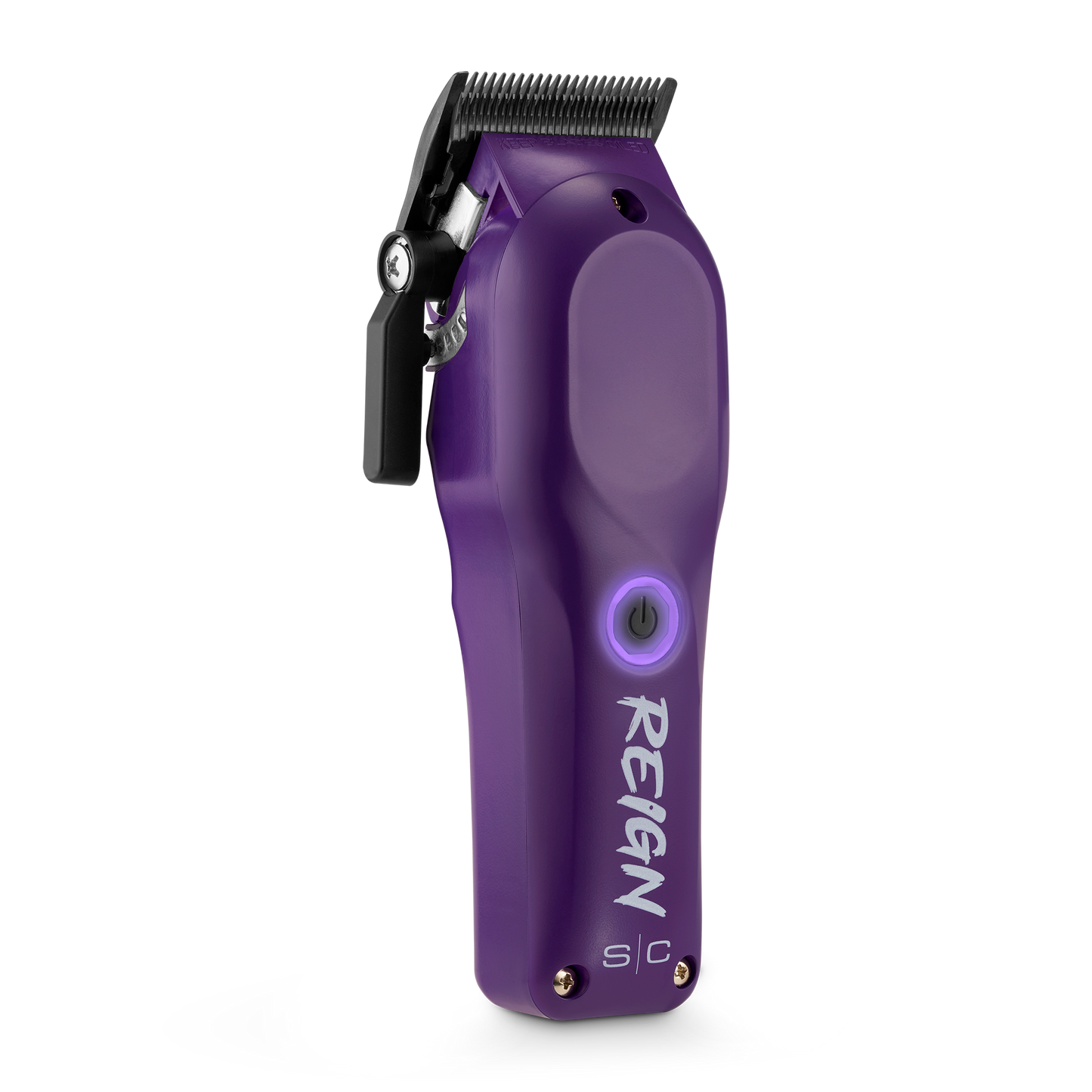 Purple hair clipper with 'Reign' branding on a white background