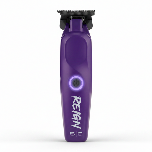 Purple hair trimmer with 'Reign' branding on a white background