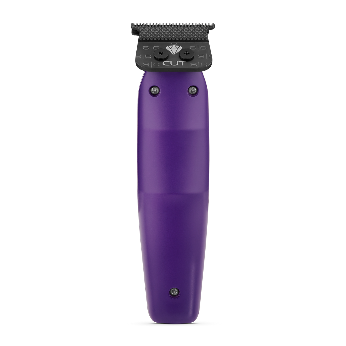 Purple grooming tool with black top on a white background
