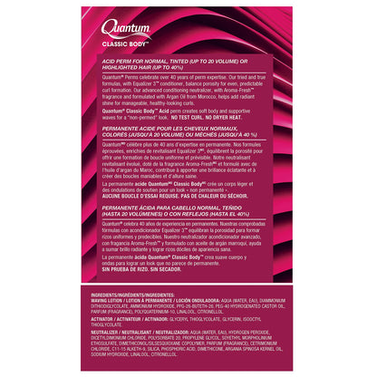 The back of a Quantum Classic Body hair removal product package, featuring product descriptions, ingredients, and directions in English and Spanish on a white background with a magenta gradient header.