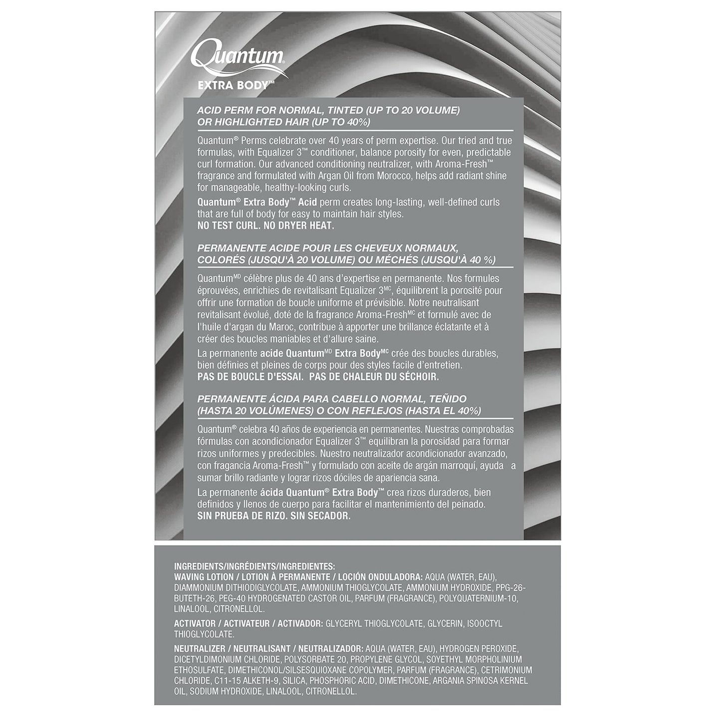 A product information card for Quantum Extra Body Acidsaline for normal, tinted, or highlighted hair, showing English and French descriptions and ingredients on a gray and white background.