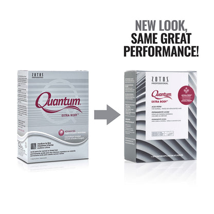 Two boxes of Zotos Professional Quantum Extra Body supplement shown side by side with a gray arrow between them and the text 'NEW LOOK, SAME GREAT PERFORMANCE!' above. The left box is plain white and gray, and the right box has a gray geometric pattern wi