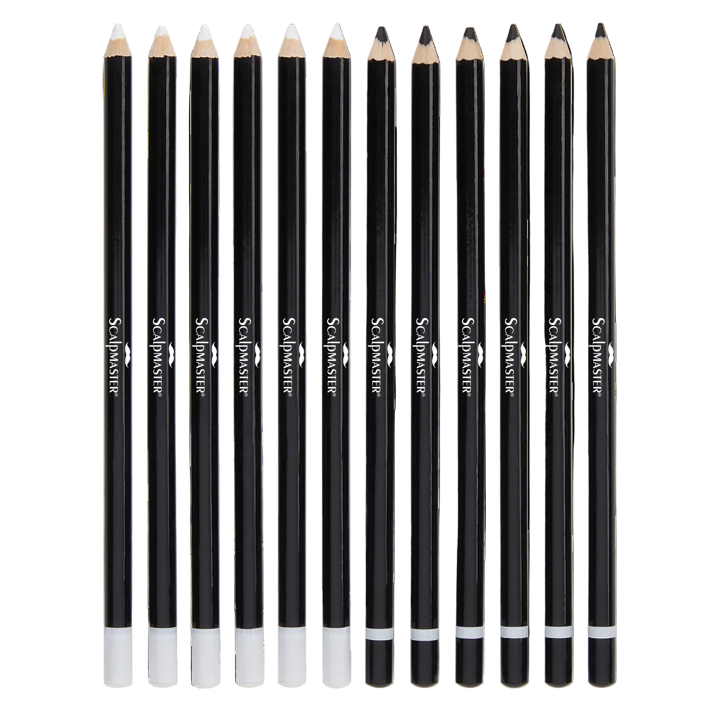A set of ten black cosmetic pencils with white ferrules and white erasers, arranged in a row on a plain white background. The brand name 'Scalpers' is printed vertically on each pencil.