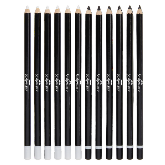 A set of ten black cosmetic pencils with white ferrules and white erasers, arranged in a row on a plain white background. The brand name 'Scalpers' is printed vertically on each pencil.