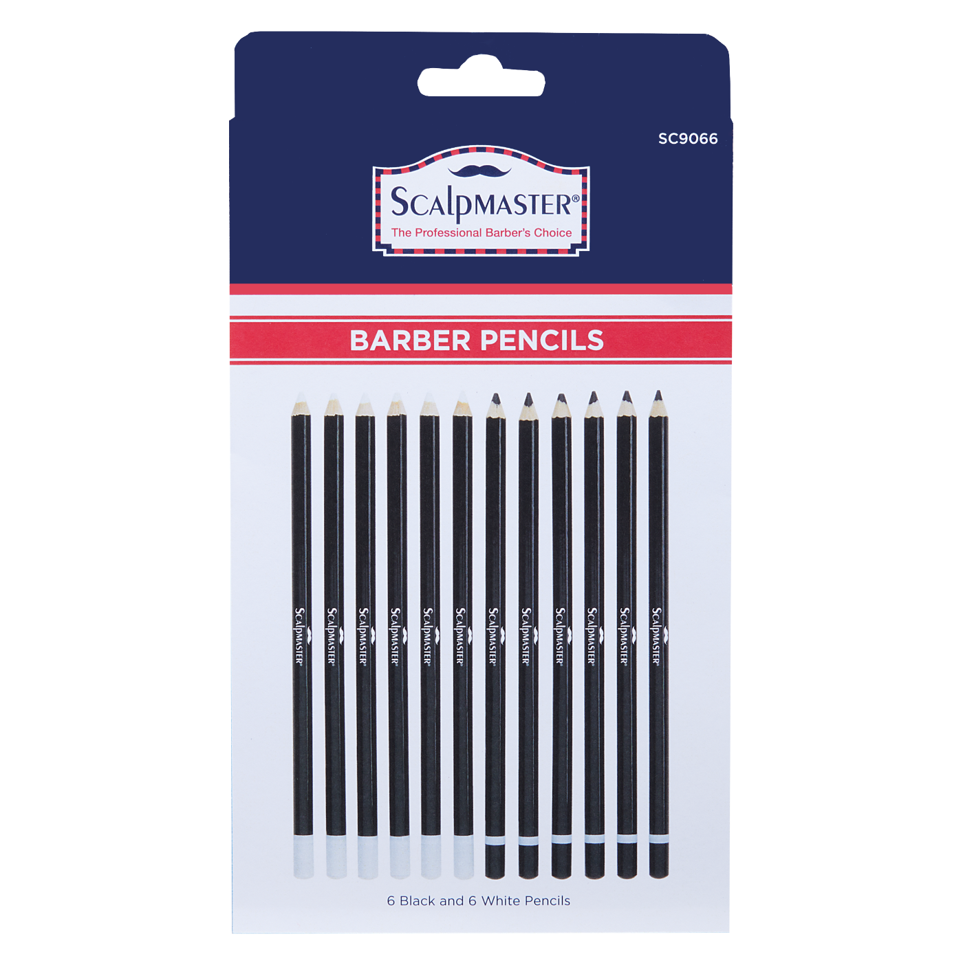 Scalpmaster Barber Pencils in retail packaging, featuring 6 black and 6 white pencils on a white backing card with a dark blue header.