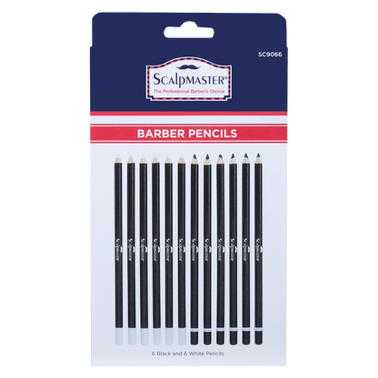 Scalpmaster Barber Pencils in retail packaging, featuring 6 black and 6 white pencils on a white backing card with a dark blue header.