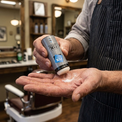 Barber applying Stix Fix Hair Design Polish 1.5 oz to his hand in a barbershop.