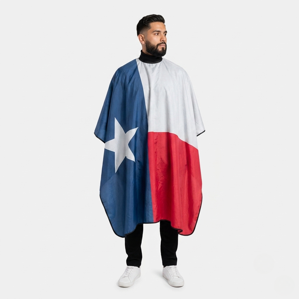 Person wearing a Texas flag cape on a white background