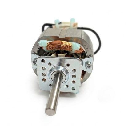 A metal electric motor with copper windings, a silver metal shaft, and black wires, shown on a plain white background.