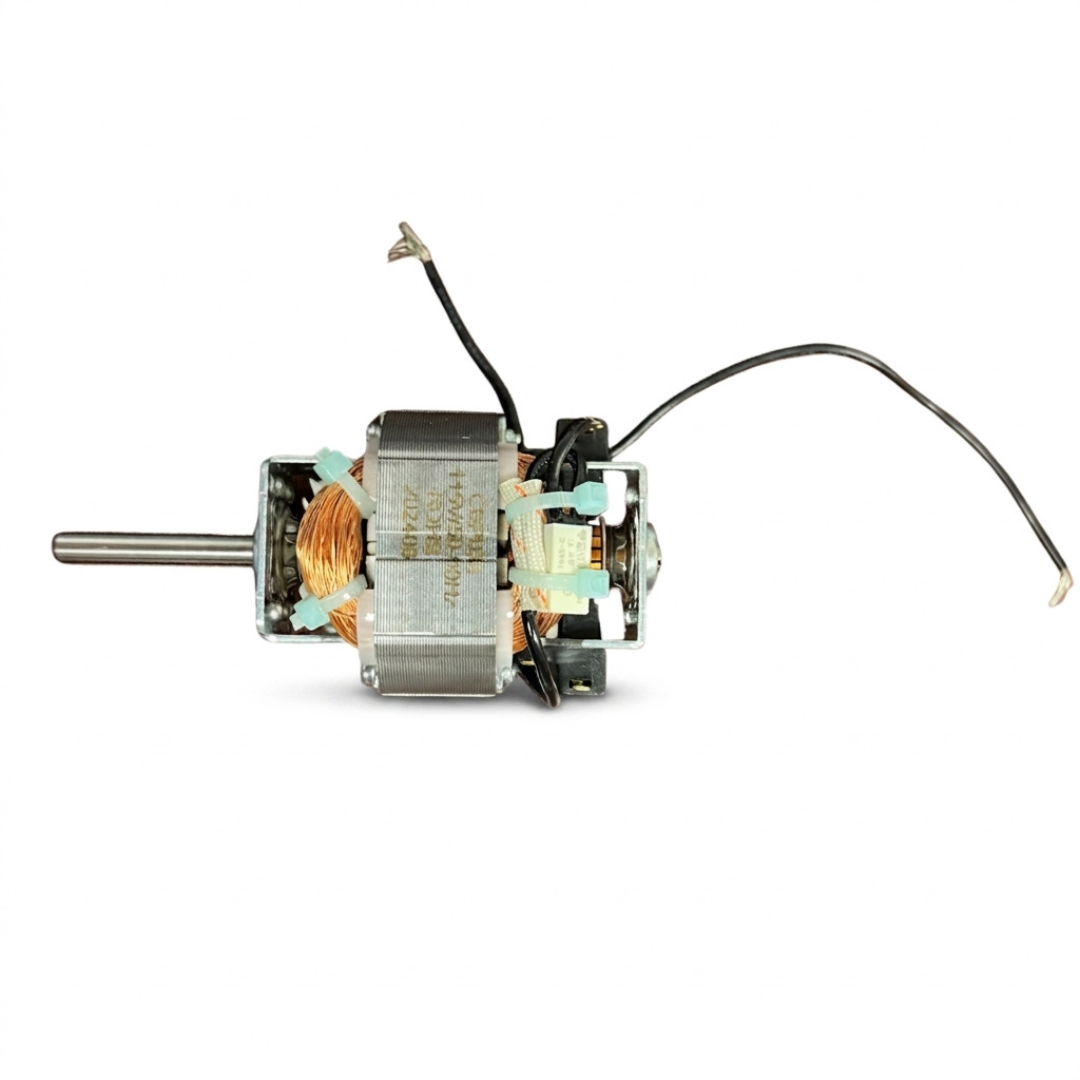 A small metal electric motor with a silver shaft, copper wire coils, and black wires, photographed on a plain white background.