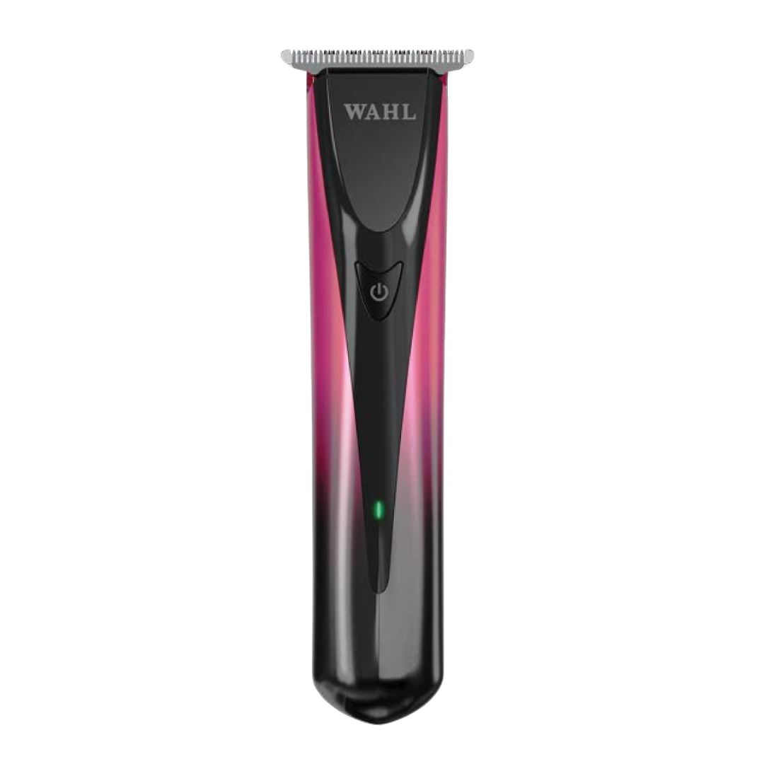 A Wahl cordless hair trimmer with a black and pink gradient body, shown vertically against a plain white background.