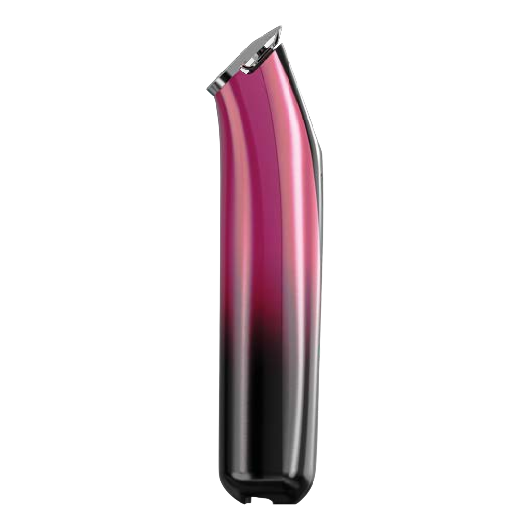 A handheld electric trimmer with a metallic pink-to-black gradient body and a silver metal cutting head, shown against a plain white background.