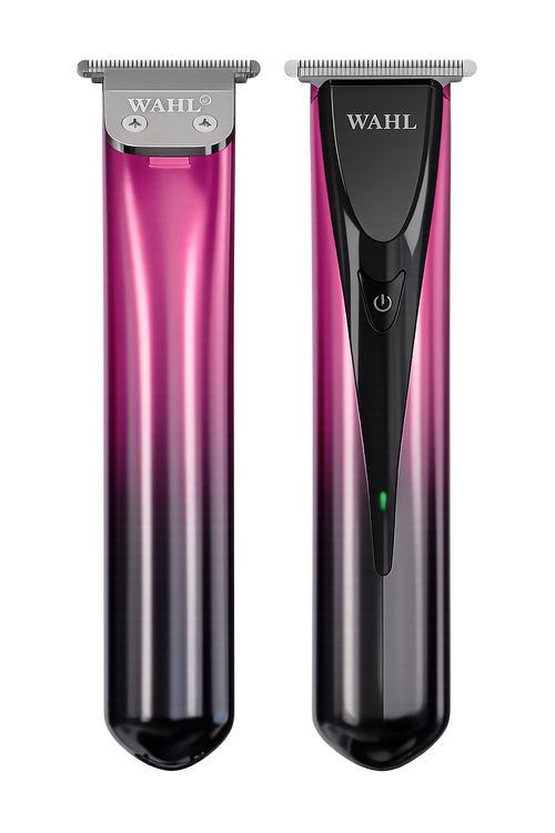Two WAHL electric trimmers shown side by side on a white background, one in metallic pink-to-black gradient and the other in black with a pink-to-black gradient handle.