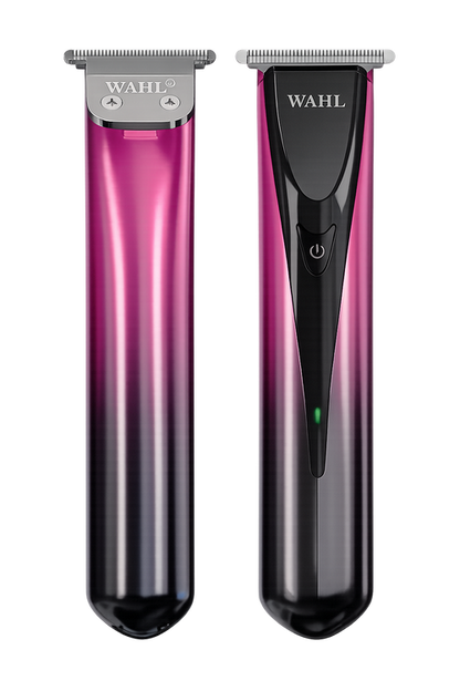 Two WAHL electric trimmers shown side by side on a white background, one in metallic pink-to-black gradient and the other in black with a pink-to-black gradient handle.