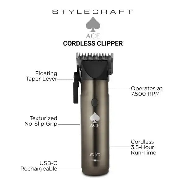 StyleCraft ACE Cordless Hair Clipper with Rotary Motor #SC618GY