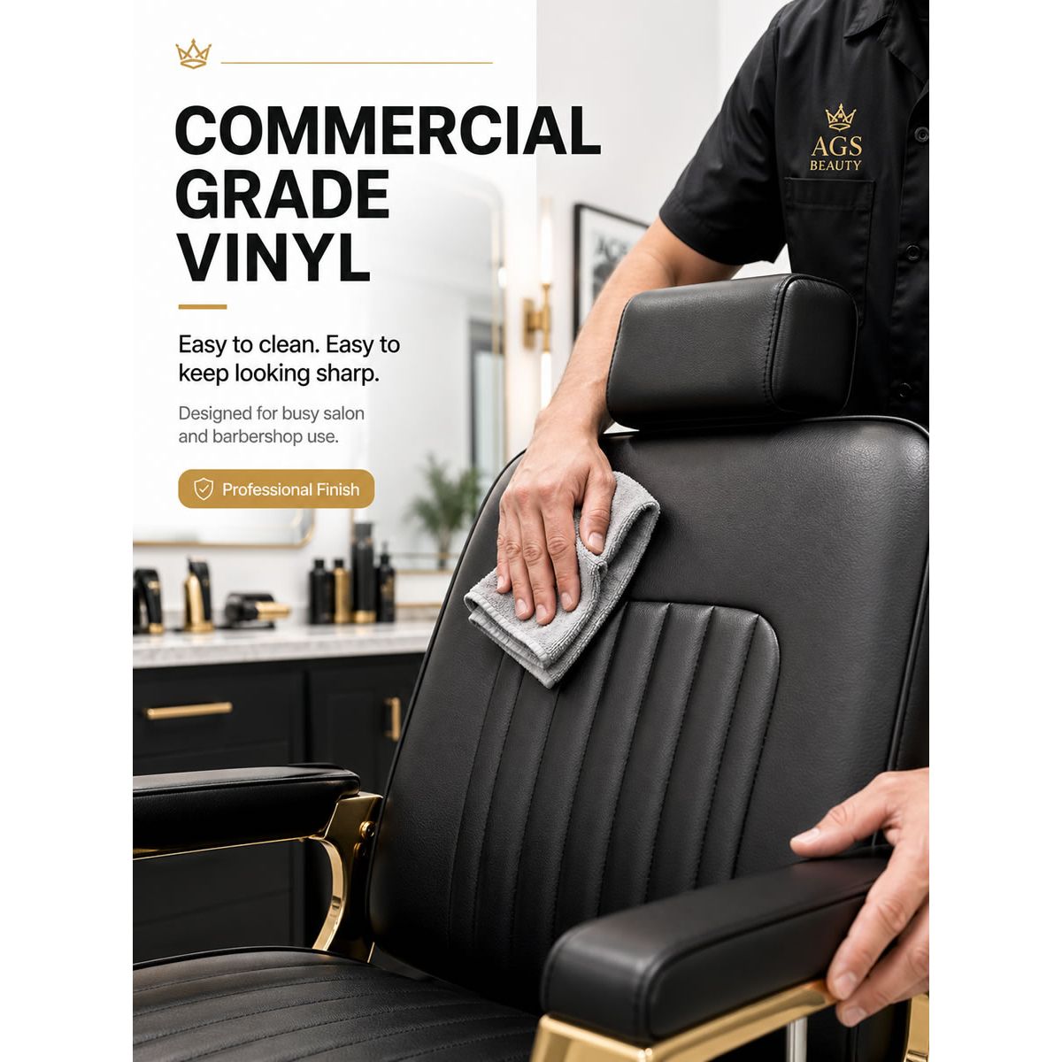 A black commercial-grade vinyl barber chair with gold trim, shown in a salon setting with a stylist wiping the chair with a gray cloth. Text on the left reads 'COMMERCIAL GRADE VINYL' with supporting descriptive copy.