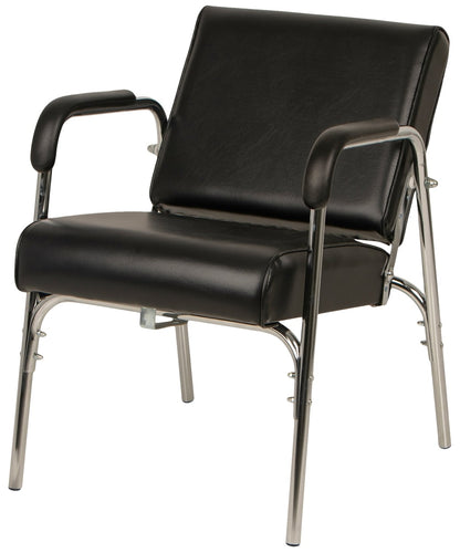 Black shampoo chair with a chrome metal frame, featuring padded armrests and a high backrest, shown on a white background.