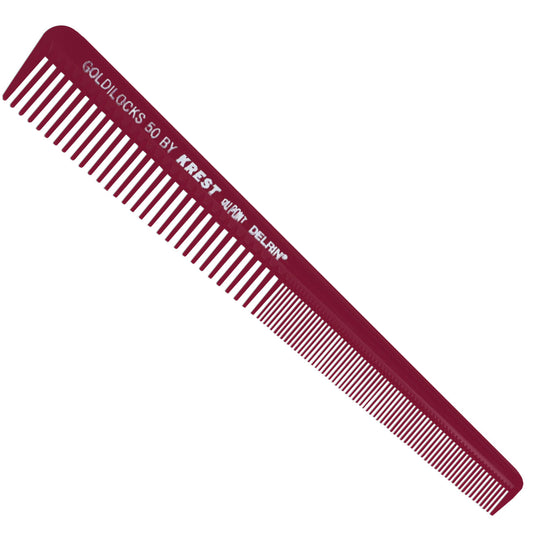 Krest Goldilocks No. G50 burgundy 7-1/2 inch tapering barber comb made from Dupont Delrin acetal polymer