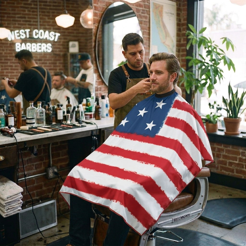 Barber cutting a customer's hair with an American flag cape in a barbershop.