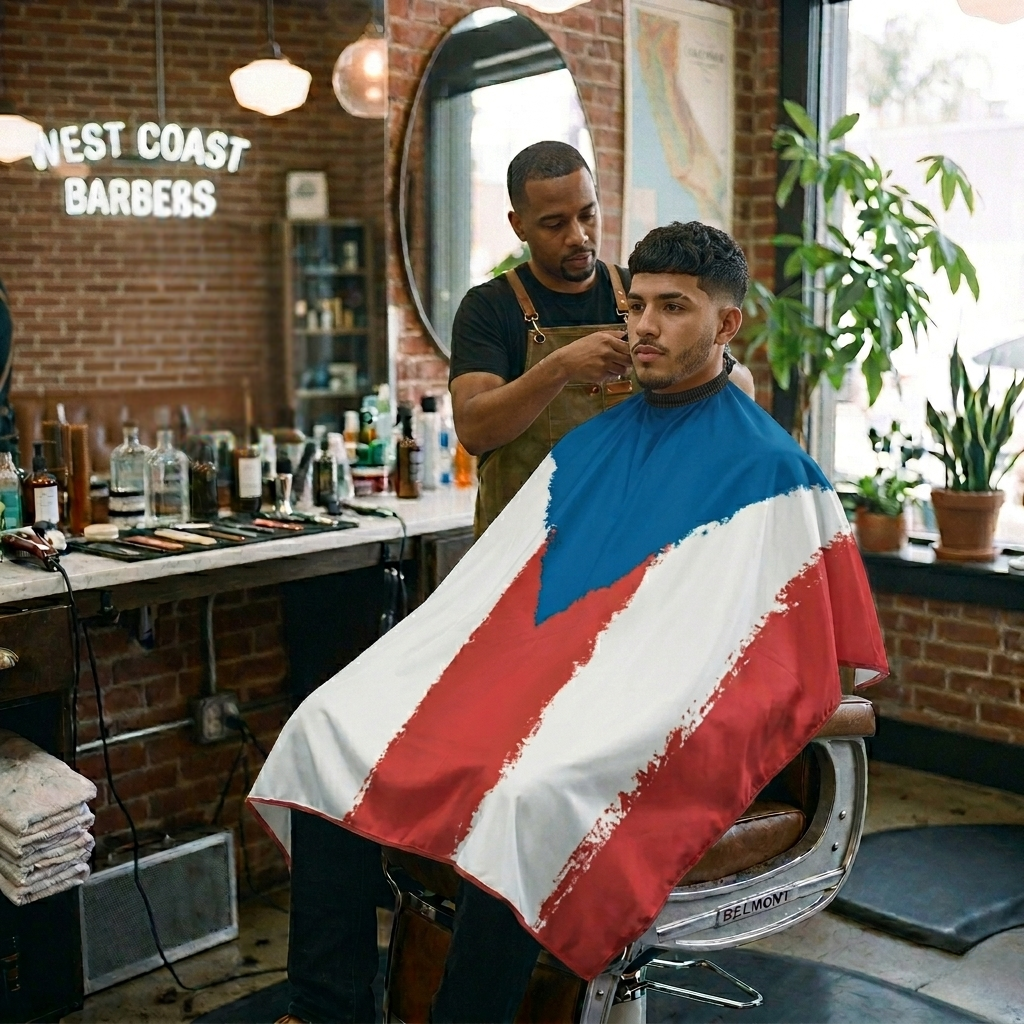 barebr cutting mans hair wearing puerto rico flag cutting cape