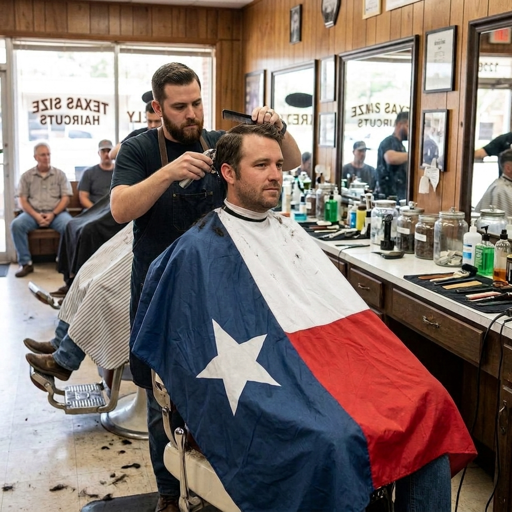 Barber cutting a customer's hair with a Texas flag cape in a barbershop.