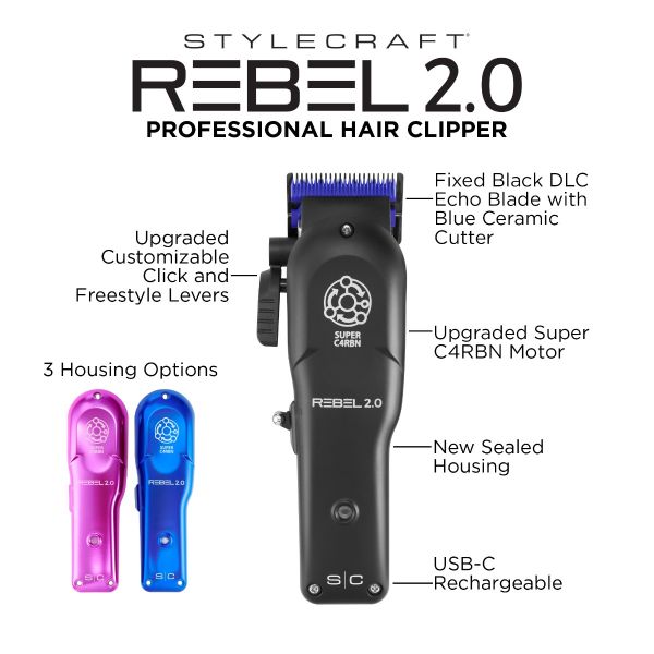 StyleCraft Rebel 2.0 Professional Hair Clipper with Super C4RBN Motor #SC601M