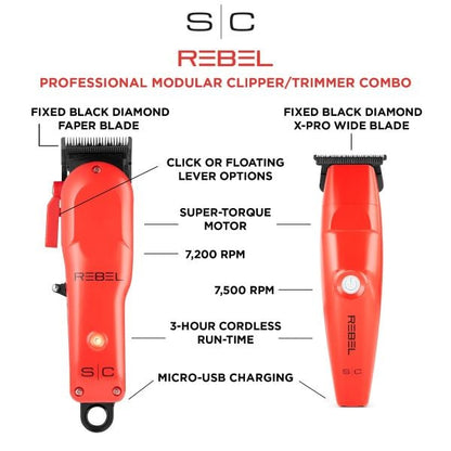 StyleCraft Rebel Red Combo Set - Professional Cordless Hair Clipper/Hair Trimmer Set with Super-Torque Motor #SC203R